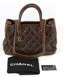 Chanel Dark Brown Calf Leather Caviar Quilted Logo Chair Shoulder Tote, c. 2012, with double rolled leather handles and gold brushed...