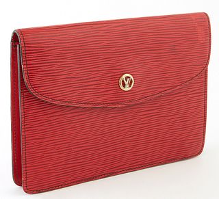 Louis Vuitton Red Epi Montaigne Clutch Old Type, the calf leather with golden brass LV logo accent and snap, opening up to large com...