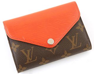 Louis Vuitton Marie-Lou Wallet, the brown monogram coated canvas and orange epi leather with silver button snap, opening to one card...