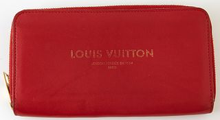 Louis Vuitton Red Smooth Leather Flight Panama Zip Around Wallet, the calf leather with gold embossed lettering on front, with a gol...