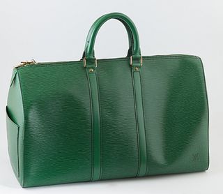 Louis Vuitton Keepall Green Epi Calf Leather 45 Travel Bag, with golden brass hardware, opening to a green suede interior, the exter...
