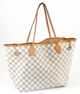 Louis Vuitton Ivory Damier Azur Coated Canvas MM Neverfull Shoulder Bag, the vachetta straps with golden brass hardware, opening to ...