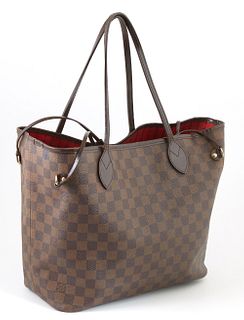 Louis Vuitton Brown Damier Ebene Coated Canvas MM Neverfull Shoulder Bag, the straps with golden brass hardware, opening to a large ...