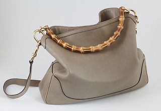 Gucci Gray Grained Leather Diana Bamboo Tote Handbag, the bamboo handle and leather strap with golden brass hardware, opening to a b...
