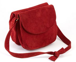 Vintage Red Suede Dual Flap Shoulder Bag, c. 1950, with a gold hardware, the interior of the bag lined in red silk, the first compar...