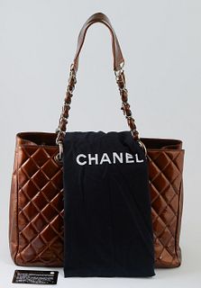 Chanel Metallic Bronze Patent Quilted Leather Grand Shopping Tote, c