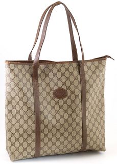 Gucci Beige Supreme Coated Canvas Accessory Collection Large Tote Shoulder Bag, the exterior with dark brown leather straps, the top...