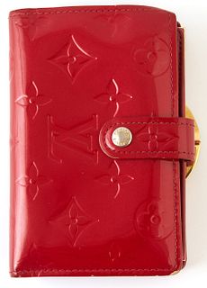 Louis Vuitton Rouge Fauviste French Purse, the calf leather Monogram Vernis with golden brass accent, opening to two card holders, t...