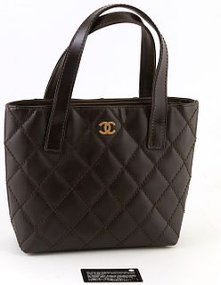 Chanel Chocolate Brown Calf Leather Wild Stitching Logo Tote, c. 2003, with double leather handles and gold hardware, the interior l...