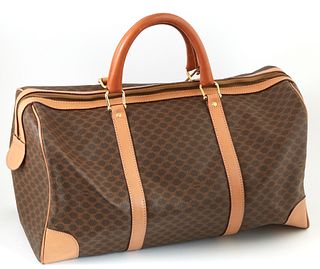 Celine Brown Macadam Coated Canvas Boston Tote Handbag, the exterior with light brown leather strips and handles with golden brass h...