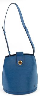 Louis Vuitton Blue Epi Cluny Shoulder Bag, with a golden brass circular clasp and flap, opening to a large blue suede interior with ...