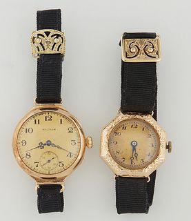 Two Lady's 14K Yellow Gold Wristwatches, early 20th c., consisting of a circular Waltham, running, and a hexagonal Bulova, both with...