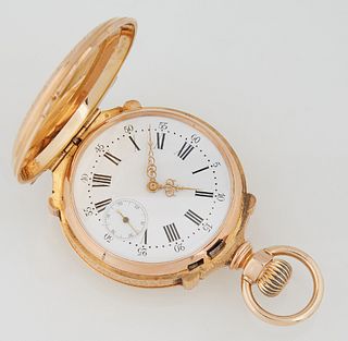 Unusual 18K Rose Gold Hunting Case Pocket Watch, 19th c., unmarked, with relief decorated banding around the case, four lugs on the...