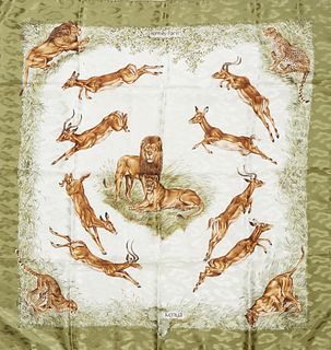 Hermes 'Kenya' Silk Scarf, by Robert Dallet, first issued in 1988, with a olive green background and signature hand rolled edges, H....