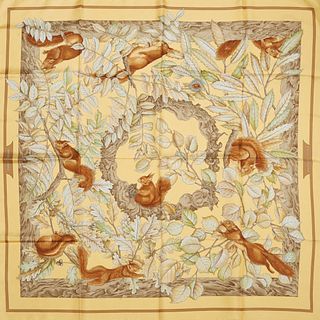 Hermes 'Casse-Noisette' Silk Scarf, by Antoine de Jacquelot, first issued in 1997, on a yellow background, with signature hand rolle...