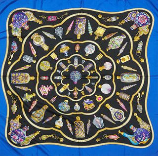 Hermes 'Qu'import le Flacon' Silk Scarf, by Catherine Baschet, first issued in 1988, on a royal blue background, with signature hand...