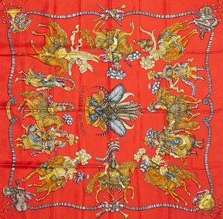 Hermes 'Les Fetes Du Roi Soleil' Silk Scarf, by Michel Duchene, first issued in 1994, on a red jacquard background, with signature h...