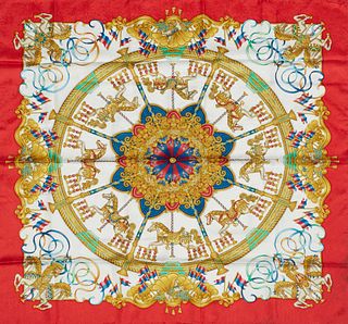 Hermes 'Luna Park' Silk Scarf, Joachin Metz, first issued in 1993, featuring an elaborate carousel on a red jacquard background with...