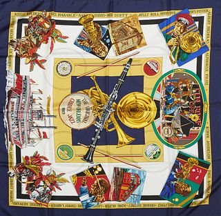 Hermes 'New Orleans Creole Jazz' Silk Scarf, by Loic Dubigeon, issued in 1996, with a navy background, with signature hand rolled ed...