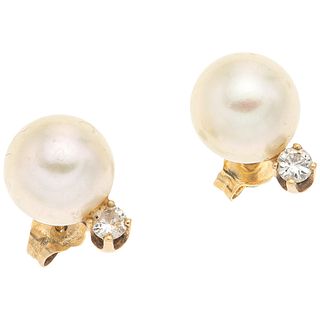CULTURED PEARLS AND DIAMONDS STUD EARRINGS. 14K YELLOW GOLD