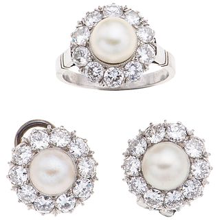 RING AND EARRING SET WITH CULTURED PEARLS AND DIAMONDS. PLATINUM AND 8K WHITE GOLD