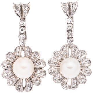 CULTURED PEARLS AND DIAMONDS EARRINGS. PALLADIUM SILVER