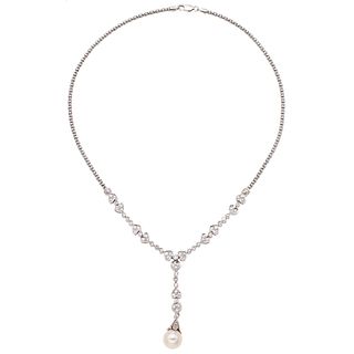 CHOKER WITH  CULTURED PEARL AND DIAMONDS. 14K WHITE GOLD