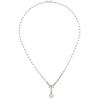 CHOKER WITH CULTURED PEARL AND DIAMONDS. 14K WHITE GOLD
