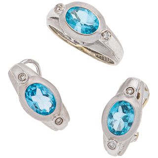 RING AND EARRINGS WITH TOPAZ AND DIAMONDS. 14K WHITE GOLD