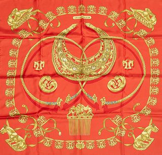 Hermes 'Les Cavaliers D'or' Silk Scarf, by Vladimir Rybaltchenko, first issued in 1975, featuring a gold animal and woven ribbon mot...