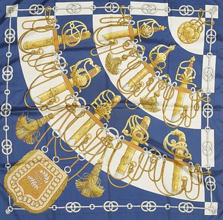 Hermes 'Cliquetis' Silk Scarf, by Julia Abadie, first issued in 1972, featuring a sword, tassel and horse bit motif, with signature...