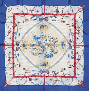 Hermes 'Les Becanes' Silk Scarf, by Hugo Grygkar, first issued in 1954, featuring a border of bicycles, with signature hand rolled e...