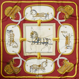 Hermes 'Grand Apparat' Silk Scarf, by Jacques Eudel, first issued in 1962, featuring equestrian motif, with signature hand rolled ed...