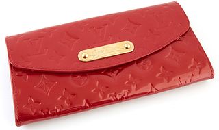 Louis Vuitton Flash Red Monogram Sunset Boulevard Shoulder Bag, now missing shoulder strap, with a golden brass logo accent, opening...