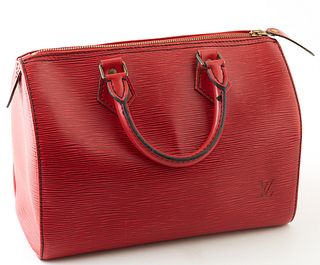 Louis Vuitton Speedy Red Epi Calf Leather 25 Handbag, with golden brass hardware, opening to a red suede interior with a black canva...