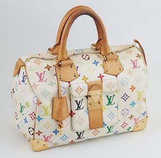 Louis Vuitton White Coated Canvas Multicolor Monogram 30 Speedy Handbag, with golden brass hardware and vachetta leather accents, op...