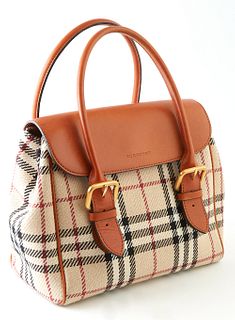 Burberry Light Brown Leather with Woven Nova Check Canvas Flap Cabas Handbag, the adjustable straps with brushed gold buckle, openin...