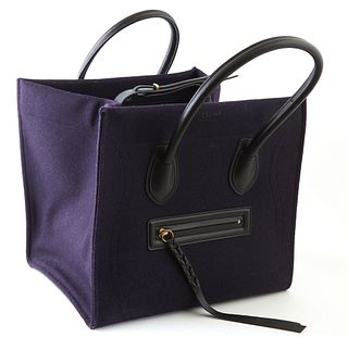 Celine Dark Purple Felt Phantom MM Shoulder Bag, with black leather accents and gold hardware, the interior of the bag also dark pur...
