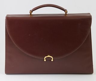 Cartier Brown Calf Leather Briefcase, with a single leather handle and gold hardware, the interior of the bag lined in a red monogra...