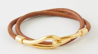 Hermes Jumbo Double Tour Bracelet, with gold stainless hardware and brown calf leather band, L.- 12 in.