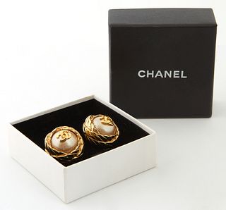 Pair of Chanel Pearl Logo Earrings, with gold stainless steel rope twist design, with Chanel presentation box, Dia.- 3/4 in.