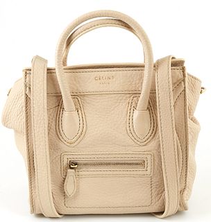 Celine Beige Grained Calf Leather Nano Luggage Shoulder Bag, with double rolled handles and gold hardware, the interior of the bag l...