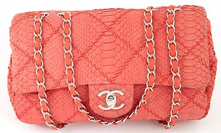 Chanel Coral Red Python Quilted Leather Mademoiselle Single Flap Shoulder Bag, c