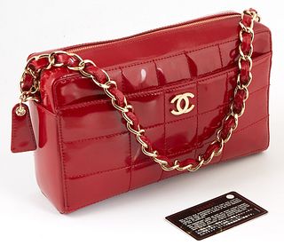 Chanel Red Chocobar Patent Leather Logo Zip Shoulder Bag, c
