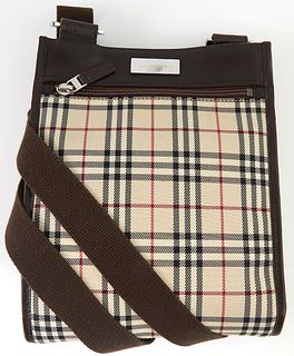 Burberry Beige Checked Canvas Vintage Crossbody Bag, with a dark brown canvas adjustable strap and silver hardware, the front with a...