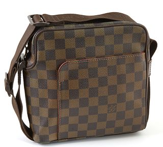 Louis Vuitton Brown Damier Ebene PM Olav Shoulder Bag, the exterior with a corner open pocket, with an adjustable brown canvas strap...
