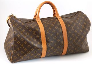 Louis Vuitton Brown Monogram Coated Canvas 50 Keepall Travel Bag, the vachetta leather handles with golden brass hardware, opening t...