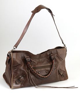 Balenciaga Distressed Brown Calf Leather Part Time Shoulder Bag, with double brown leather handles and aged brass hardware, the inte...