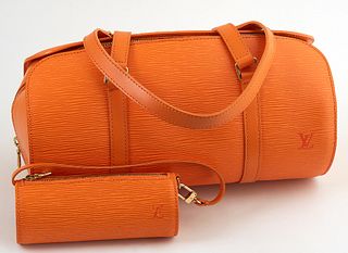 Louis Vuitton Orange Epi Leather Soufflot Handbag, with golden brass hardware, opening to an orange suede interior with small pocket...