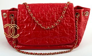 Chanel Red Patent Quilted Leather Puzzle Flap Bag, c. 2008-2009, the gold chain and interlaced red patent leather with gold Chanel l...